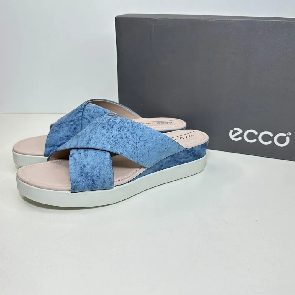 Ecco Touch Plateau Slide Leather Slip On Sandals Blue Women EU41/10-10.5 NWB